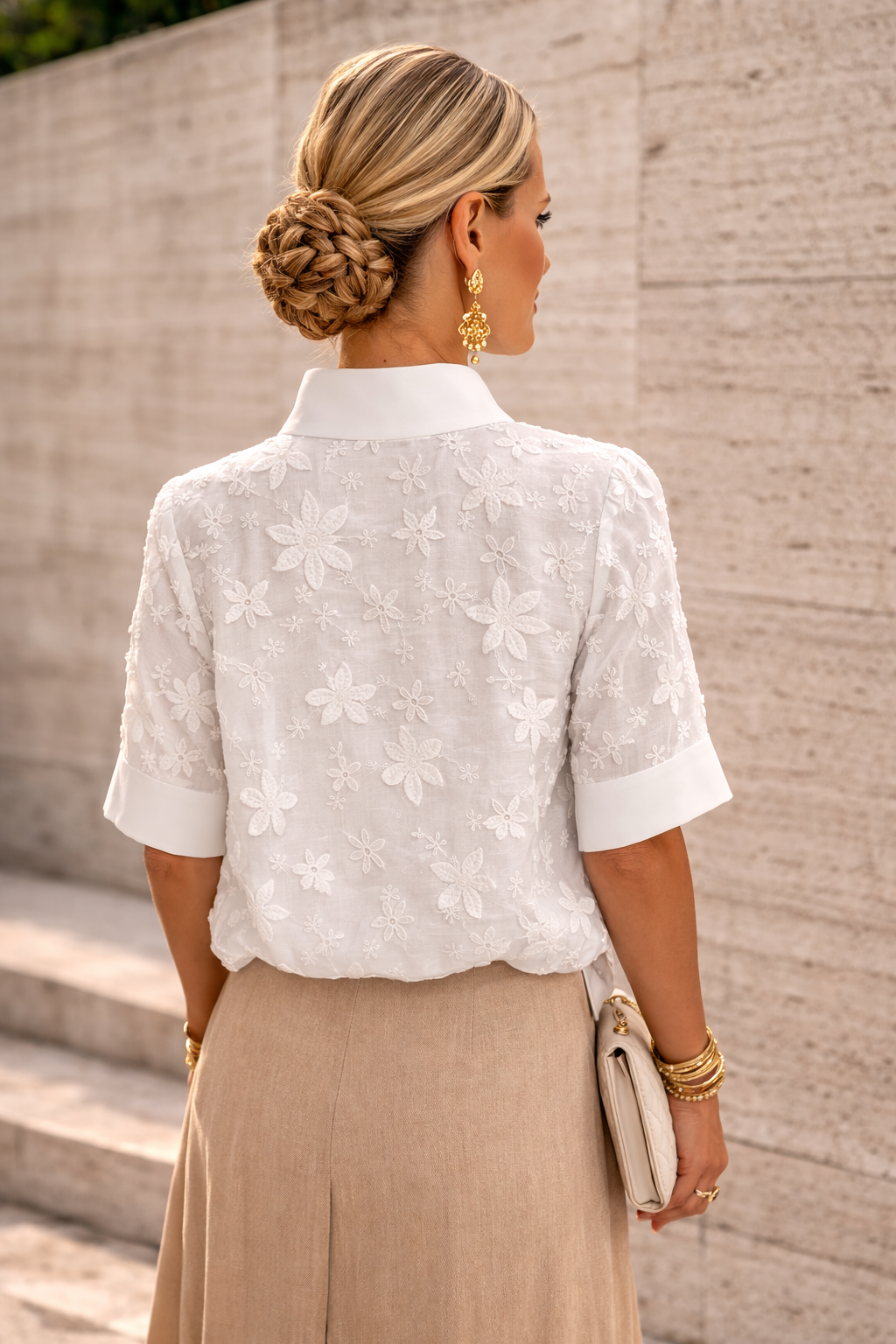 Women's Blouse Short Sleeve with Mock Neck and Floral Embroidery