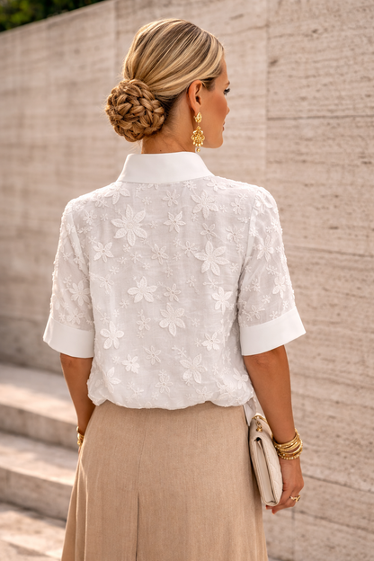 Women's Blouse Short Sleeve with Mock Neck and Floral Embroidery