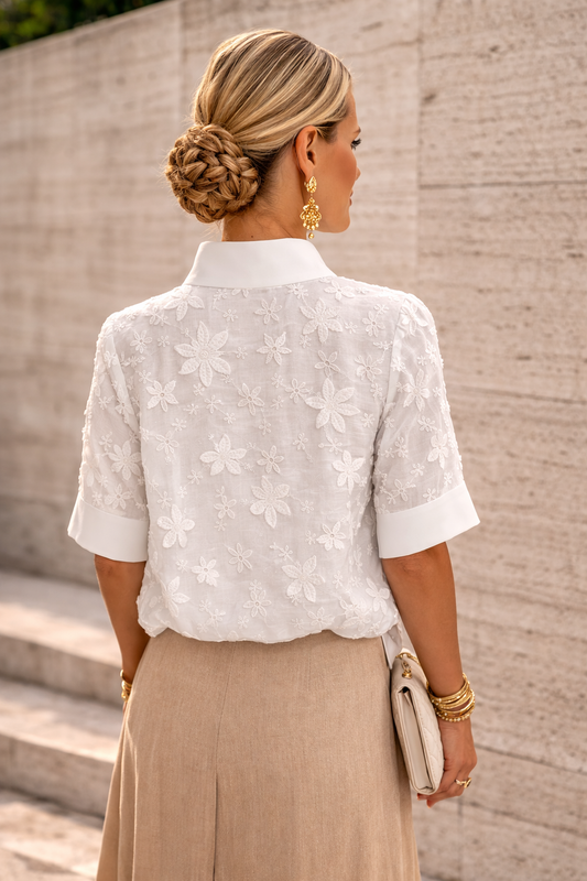 Women's Blouse Short Sleeve with Mock Neck and Floral Embroidery