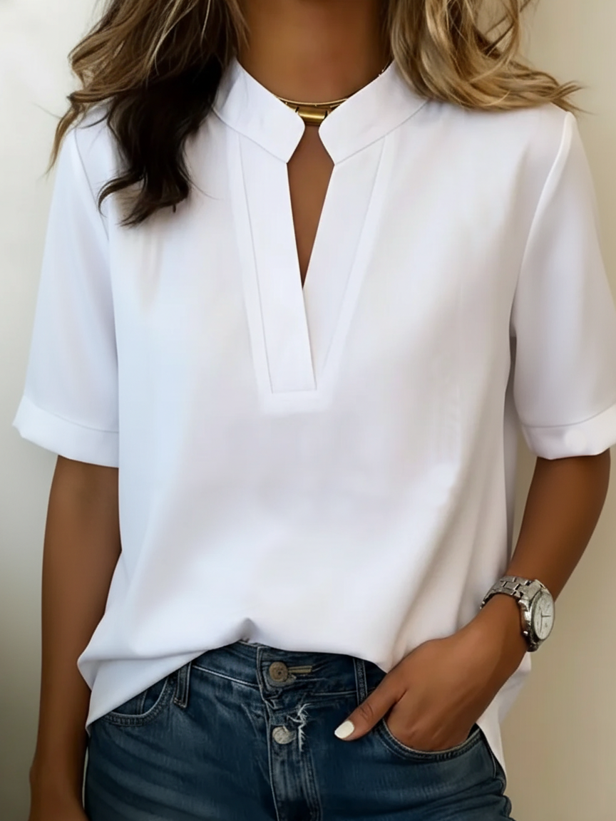 Women's Blouse Short Sleeve with V-Neck and Stand Collar