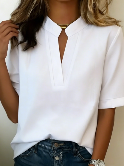 Women's Blouse Short Sleeve with V-Neck and Stand Collar