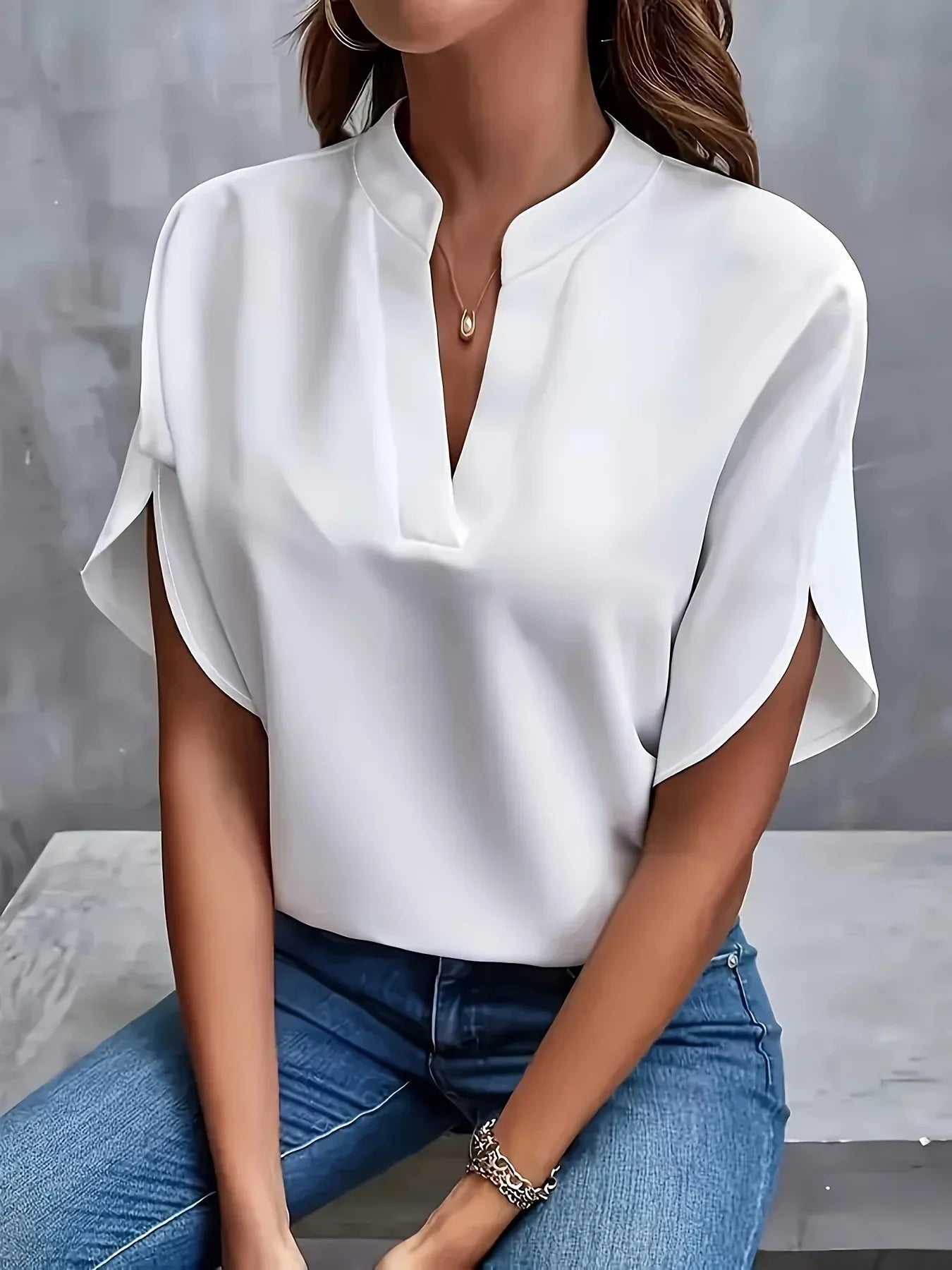 Women's Blouse with Split V-Neck and Short Flutter Sleeves