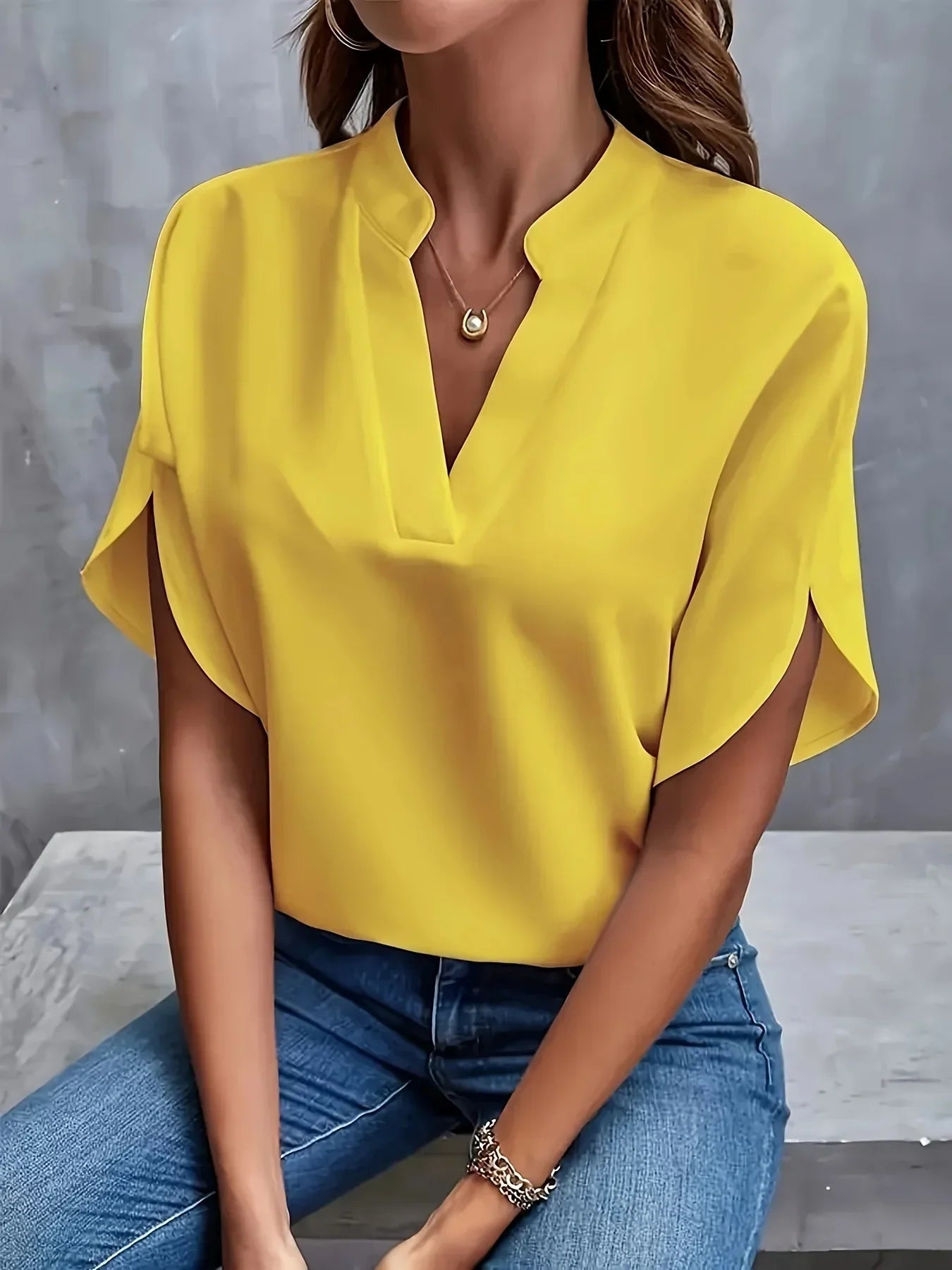 Women's Blouse with Split V-Neck and Short Flutter Sleeves