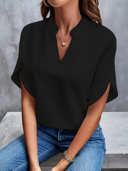 Women's Blouse with Split V-Neck and Short Flutter Sleeves