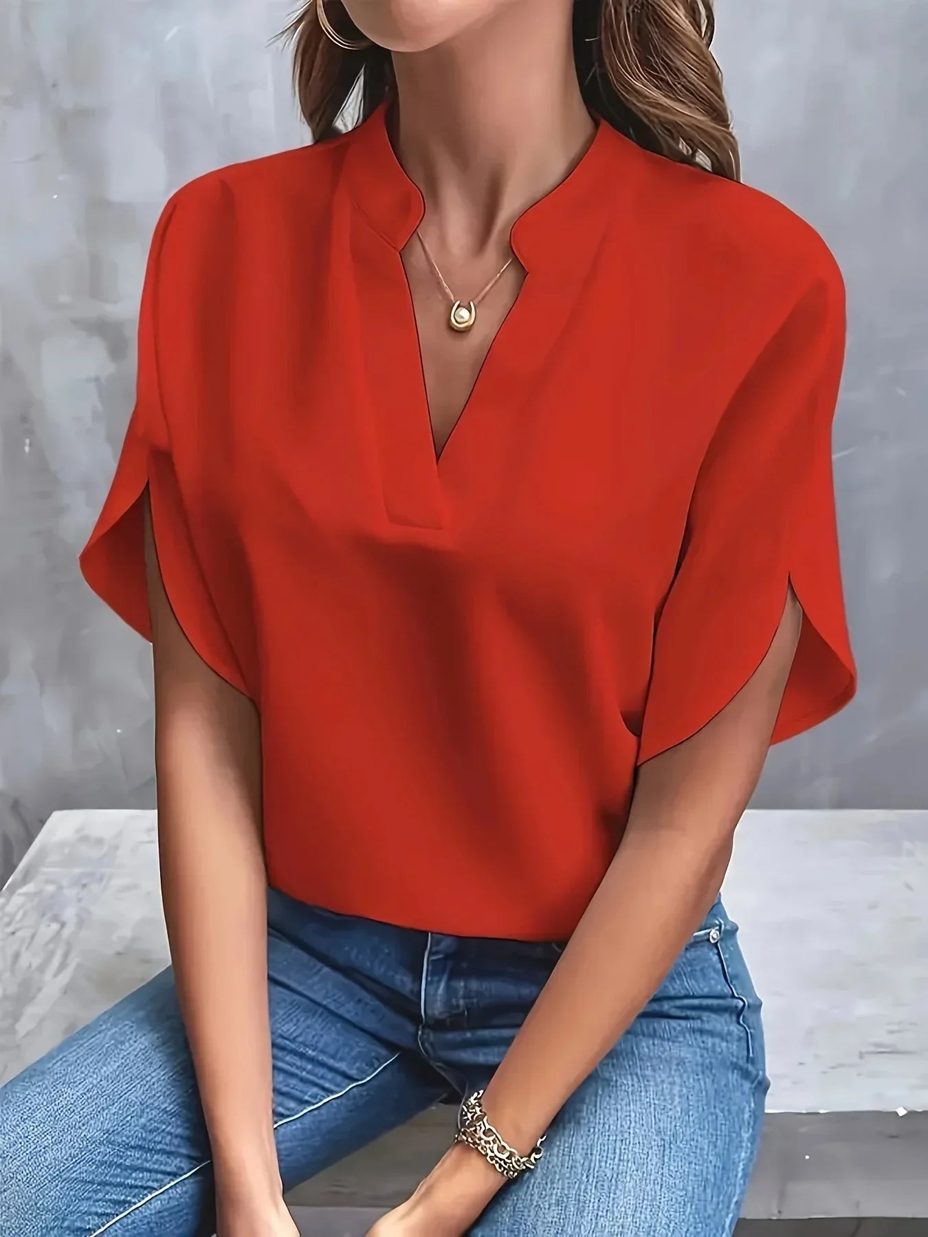 Women's Blouse with Split V-Neck and Short Flutter Sleeves