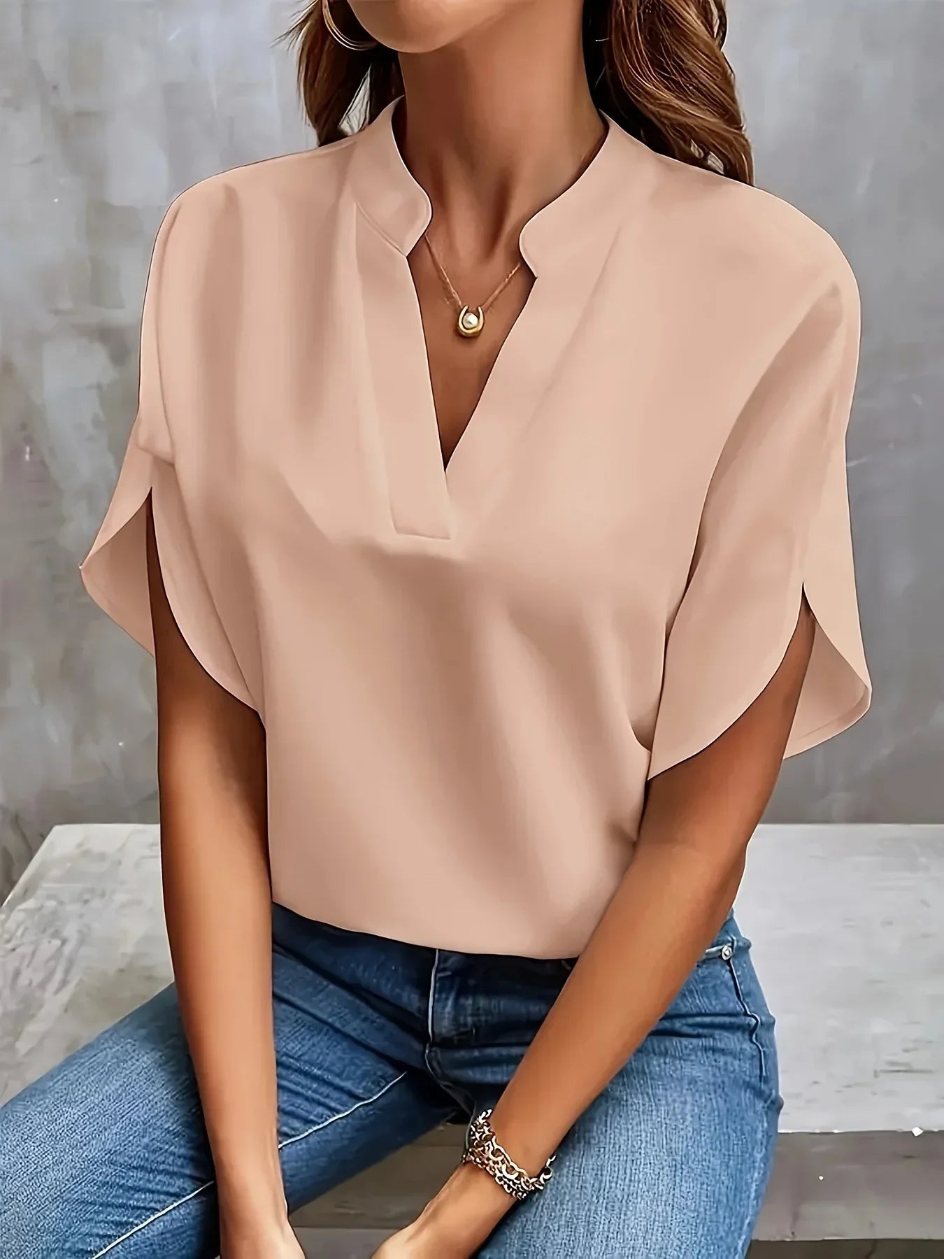 Women's Blouse with Split V-Neck and Short Flutter Sleeves