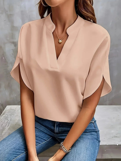 Women's Blouse with Split V-Neck and Short Flutter Sleeves