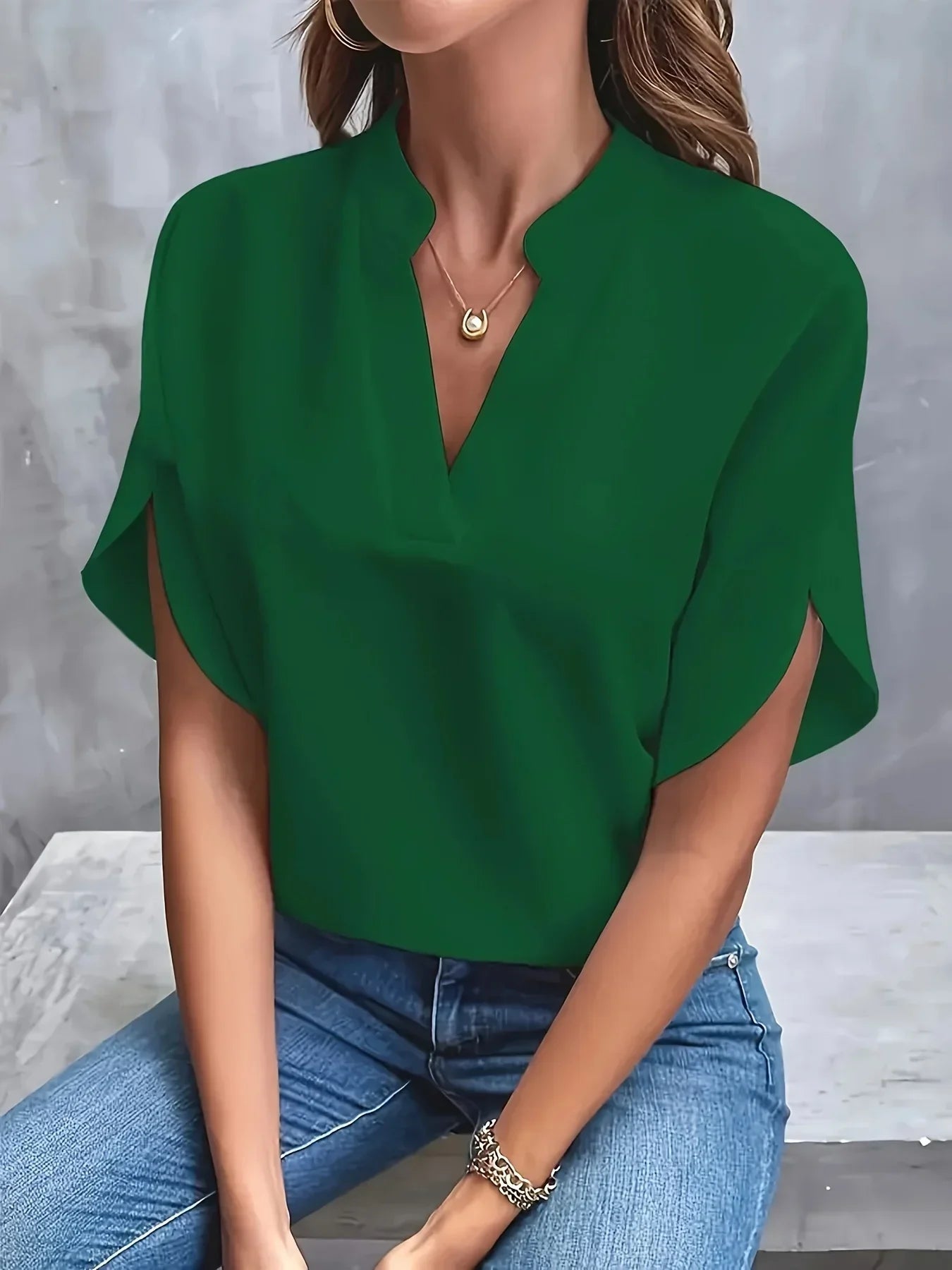 Women's Blouse with Split V-Neck and Short Flutter Sleeves