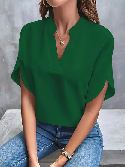 Women's Blouse with Split V-Neck and Short Flutter Sleeves