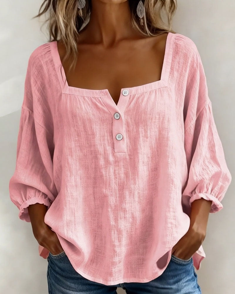 Women's Blouse with Square Neckline and Three-Quarter Puff Sleeves