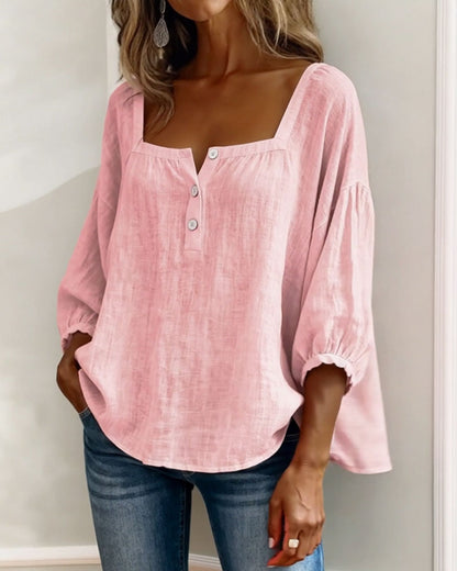 Women's Blouse with Square Neckline and Three-Quarter Puff Sleeves