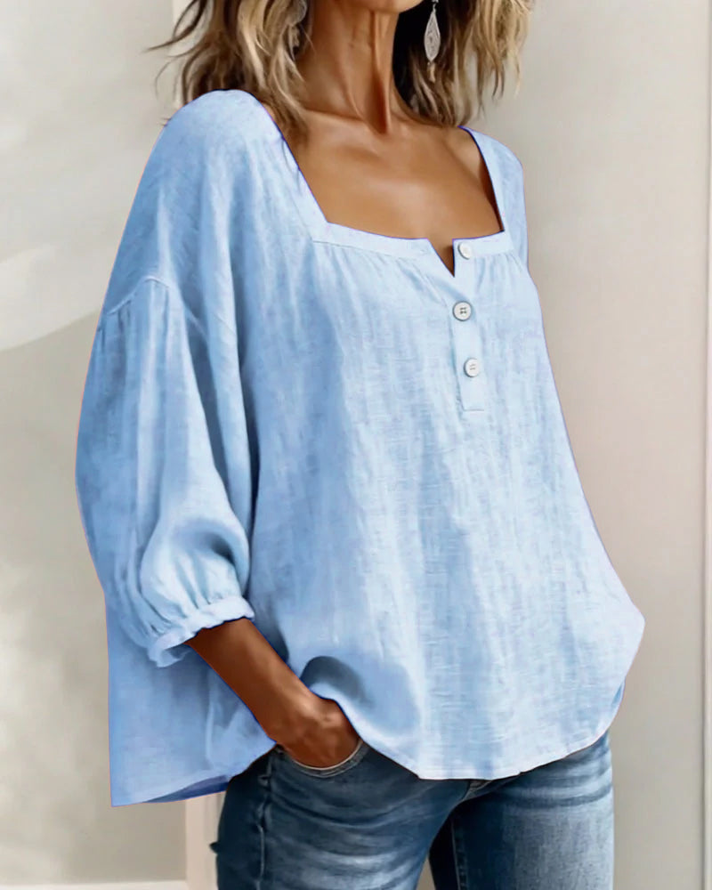 Women's Blouse with Square Neckline and Three-Quarter Puff Sleeves