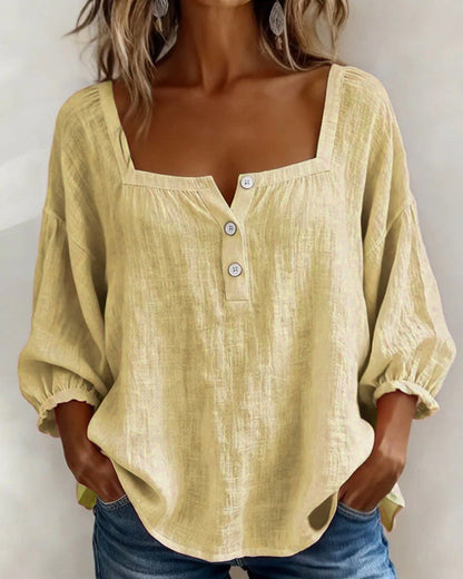 Women's Blouse with Square Neckline and Three-Quarter Puff Sleeves