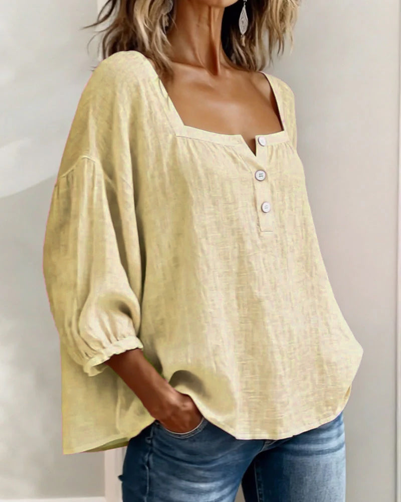 Women's Blouse with Square Neckline and Three-Quarter Puff Sleeves