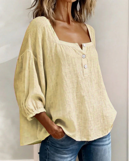 Women's Blouse with Square Neckline and Three-Quarter Puff Sleeves