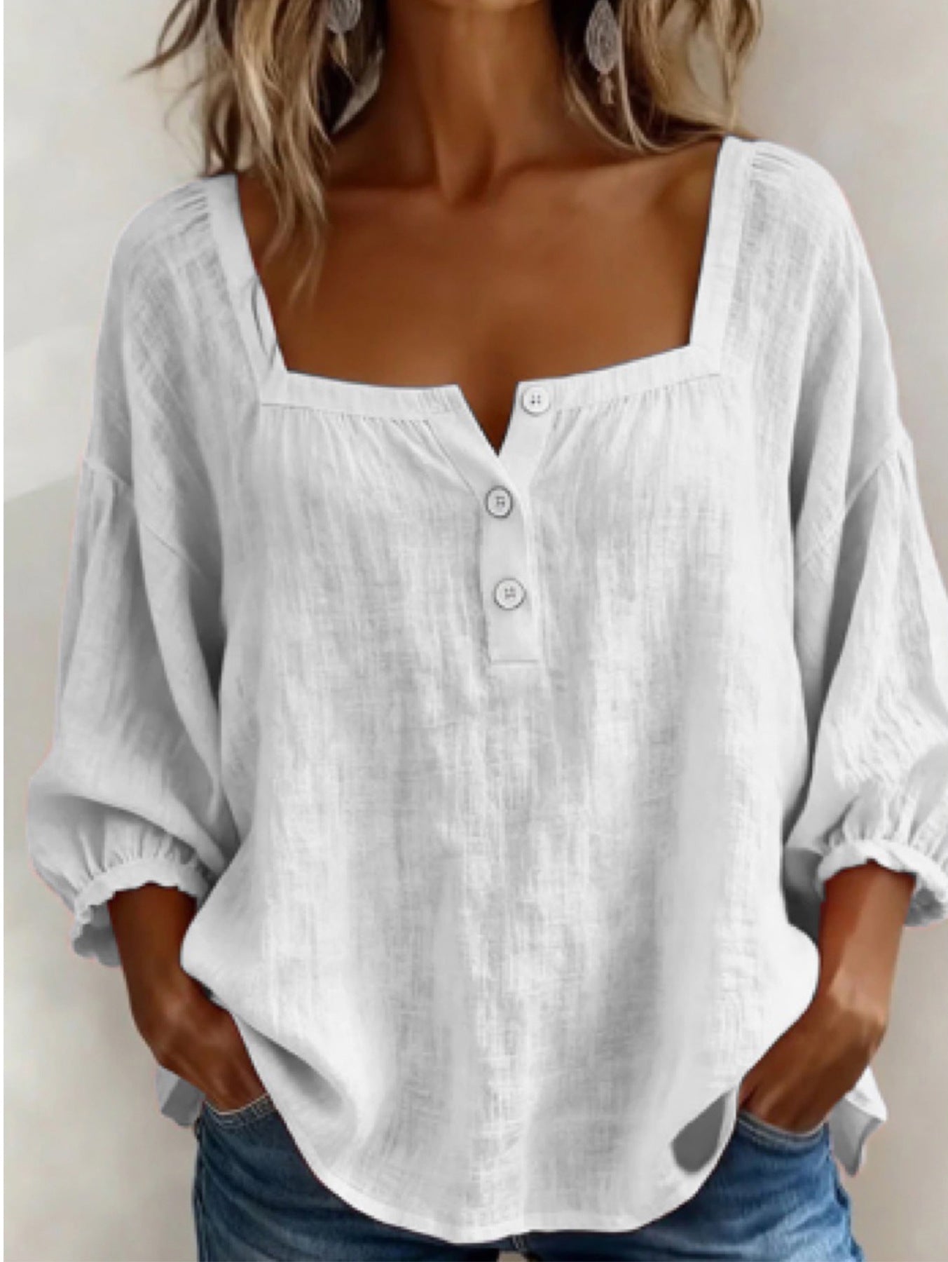 Women's Blouse with Square Neckline and Three-Quarter Puff Sleeves