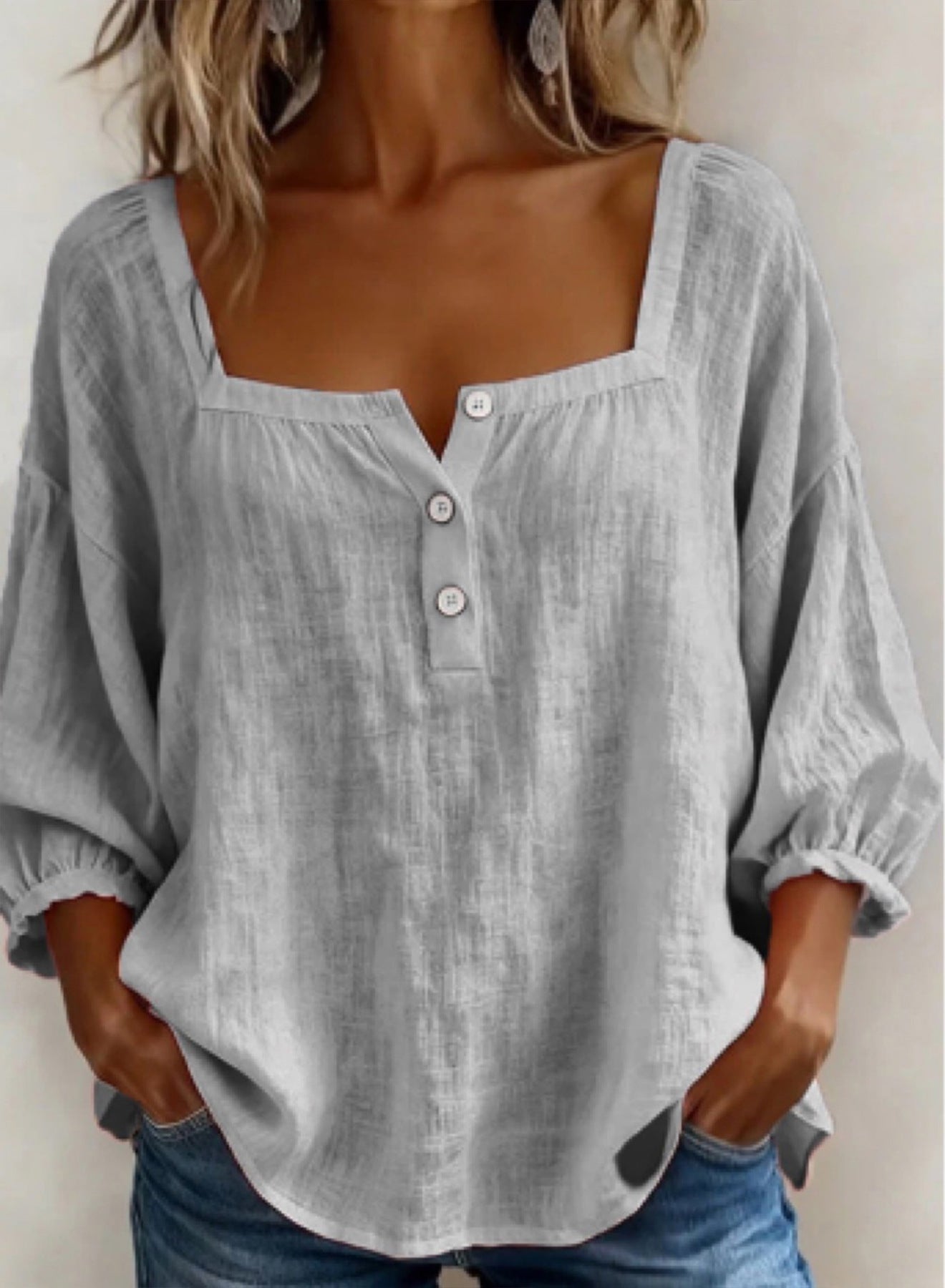 Women's Blouse with Square Neckline and Three-Quarter Puff Sleeves