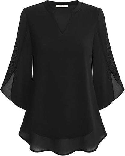 Women's Blouse with Three-Quarter Bell Sleeves and V-Neck