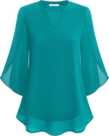 Women's Blouse with Three-Quarter Bell Sleeves and V-Neck