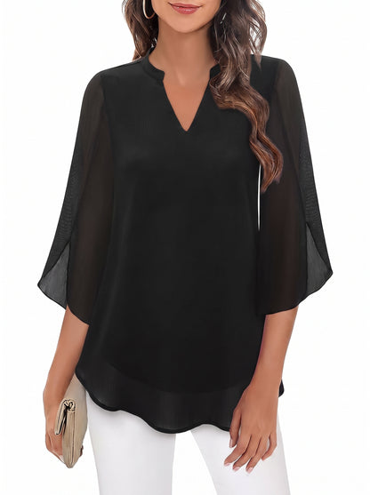 Women's Blouse with Three-Quarter Bell Sleeves and V-Neck