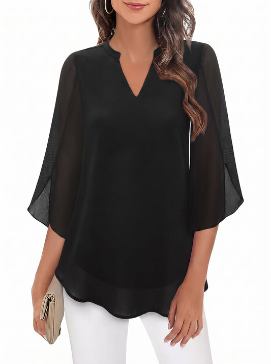 Women's Blouse with Three-Quarter Bell Sleeves and V-Neck