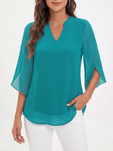 Women's Blouse with Three-Quarter Bell Sleeves and V-Neck