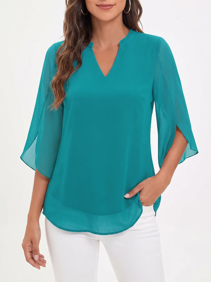 Women's Blouse with Three-Quarter Bell Sleeves and V-Neck