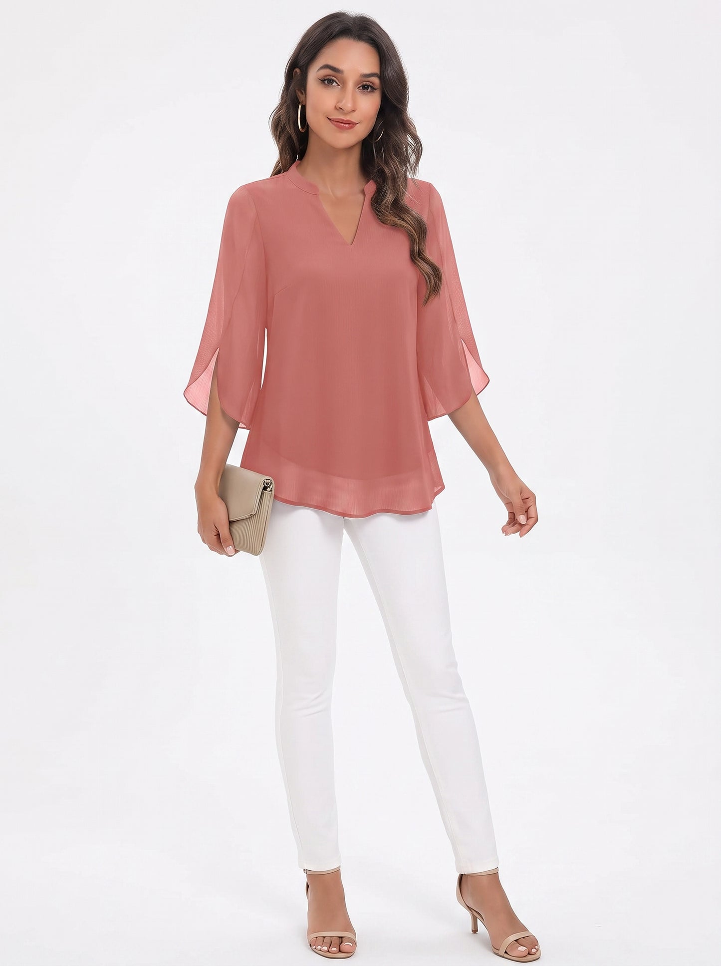 Women's Blouse with Three-Quarter Bell Sleeves and V-Neck