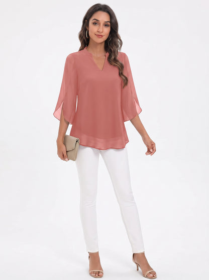Women's Blouse with Three-Quarter Bell Sleeves and V-Neck