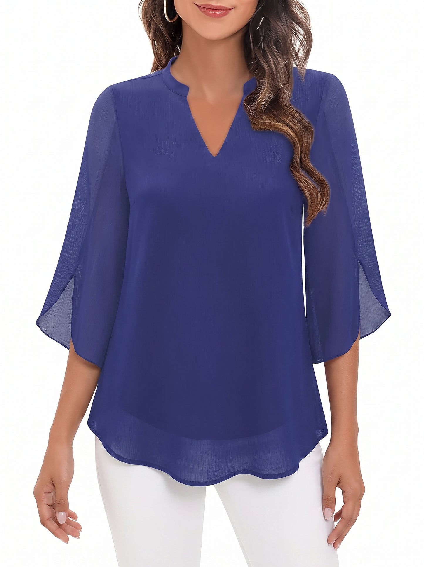 Women's Blouse with Three-Quarter Bell Sleeves and V-Neck