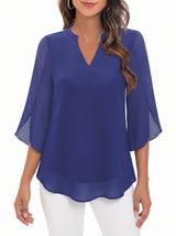 Women's Blouse with Three-Quarter Bell Sleeves and V-Neck