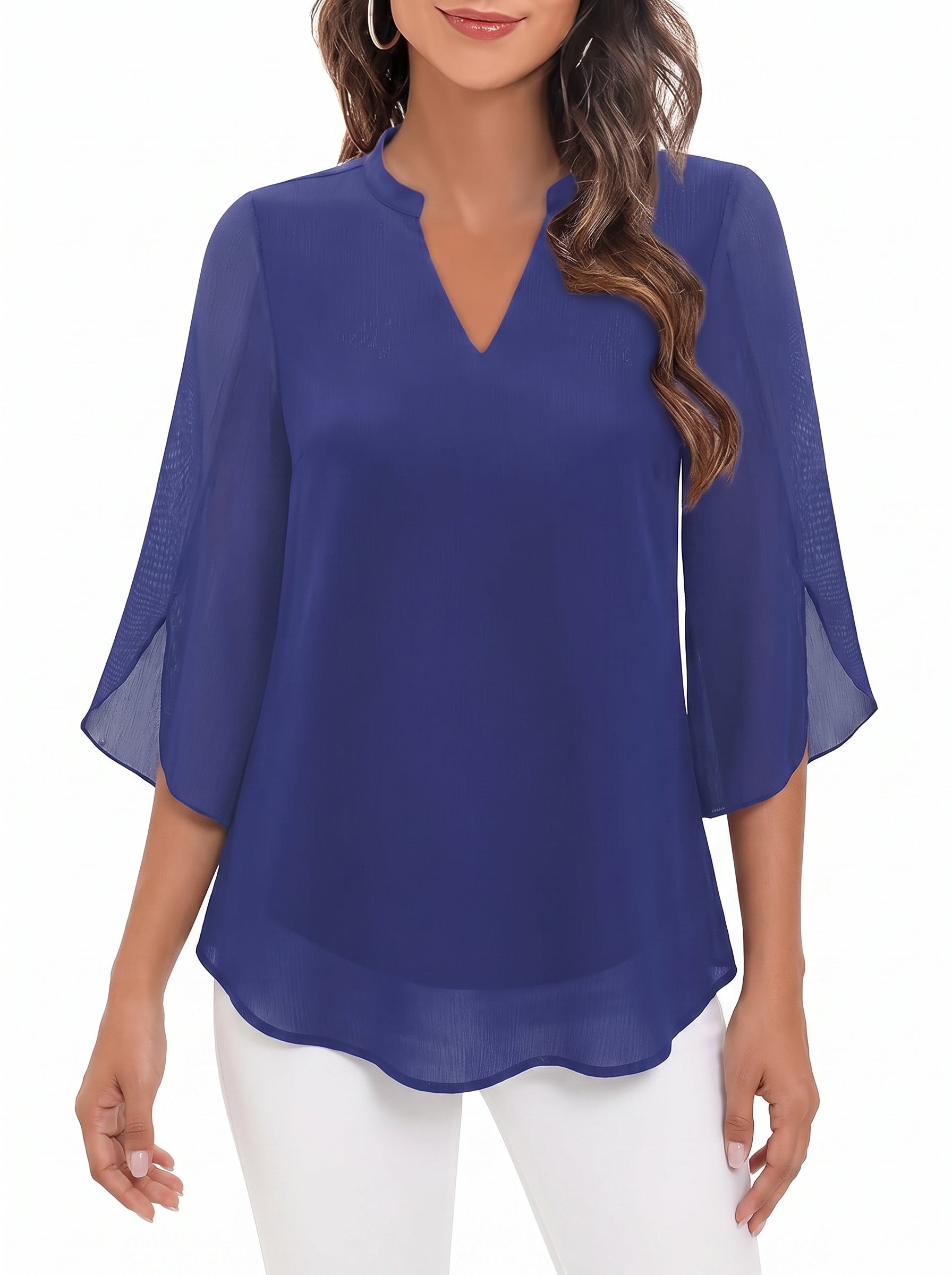 Women's Blouse with Three-Quarter Bell Sleeves and V-Neck