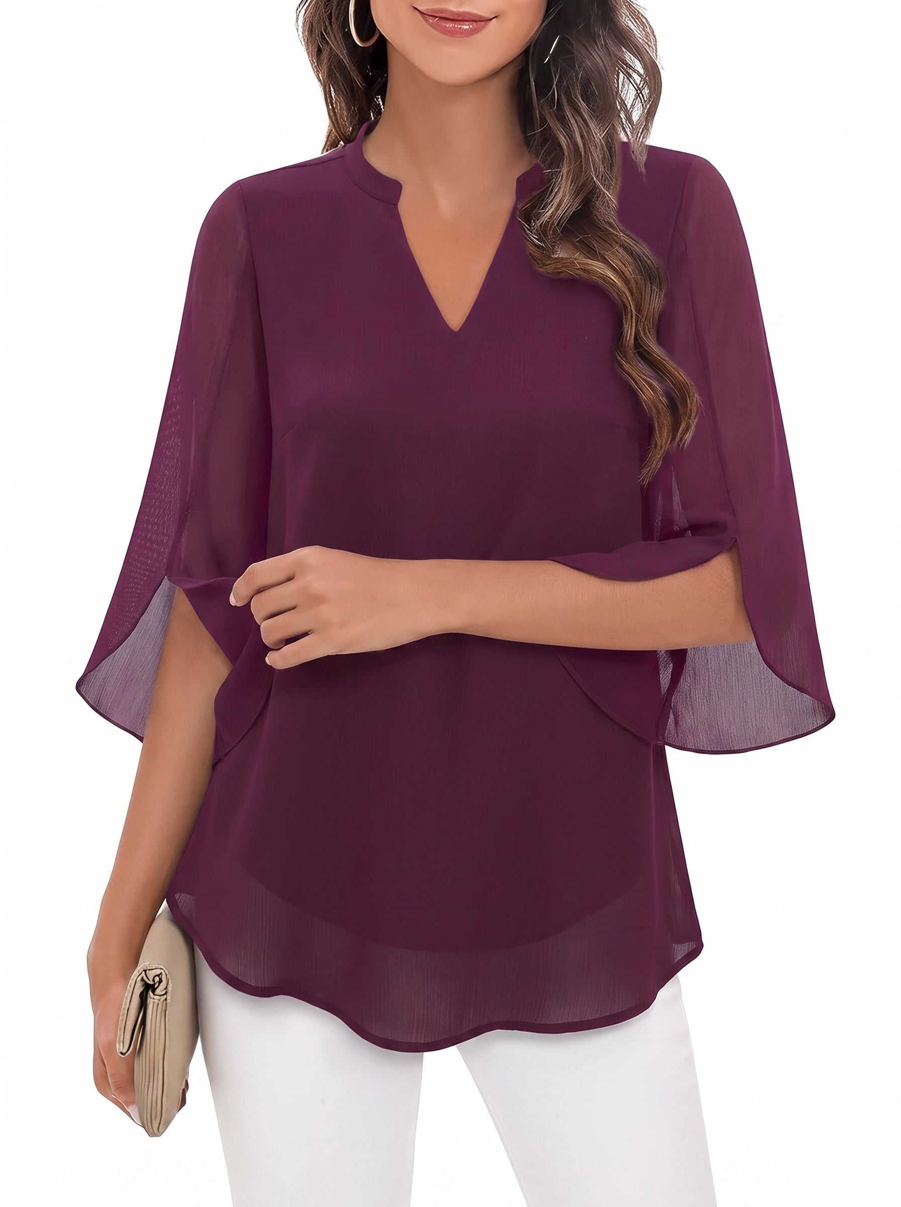 Women's Blouse with Three-Quarter Bell Sleeves and V-Neck