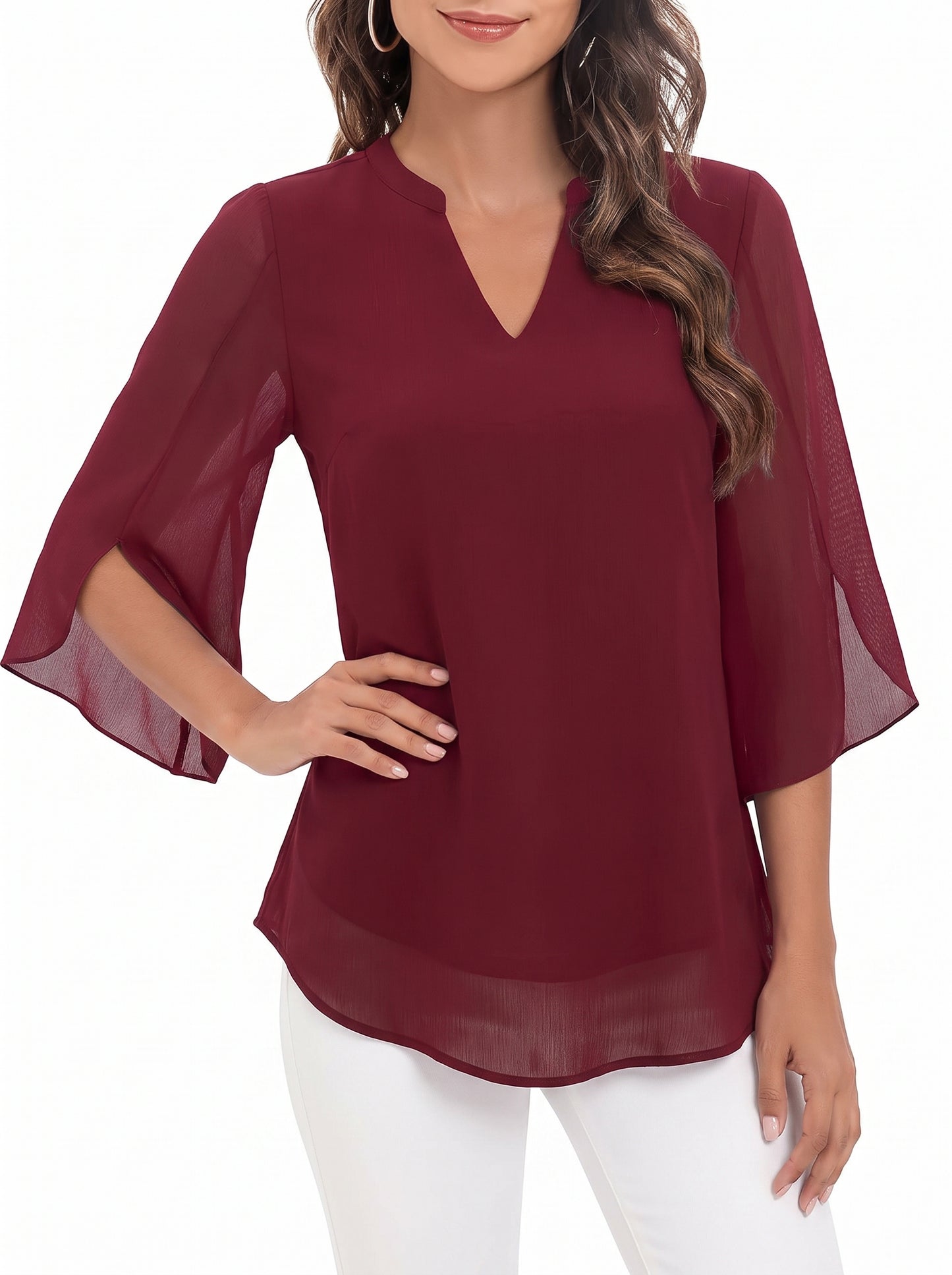 Women's Blouse with Three-Quarter Bell Sleeves and V-Neck