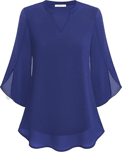 Women's Blouse with Three-Quarter Bell Sleeves and V-Neck