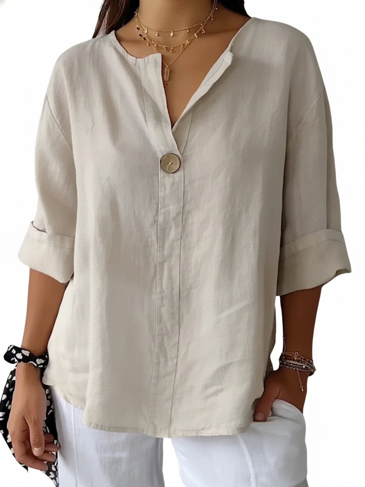 Women's Blouse with V-Neck, Single Button and Three-Quarter Roll-Up Sleeves