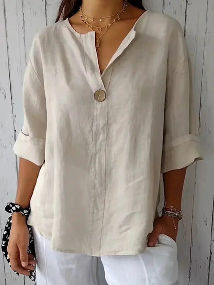 Women's Blouse with V-Neck, Single Button and Three-Quarter Roll-Up Sleeves