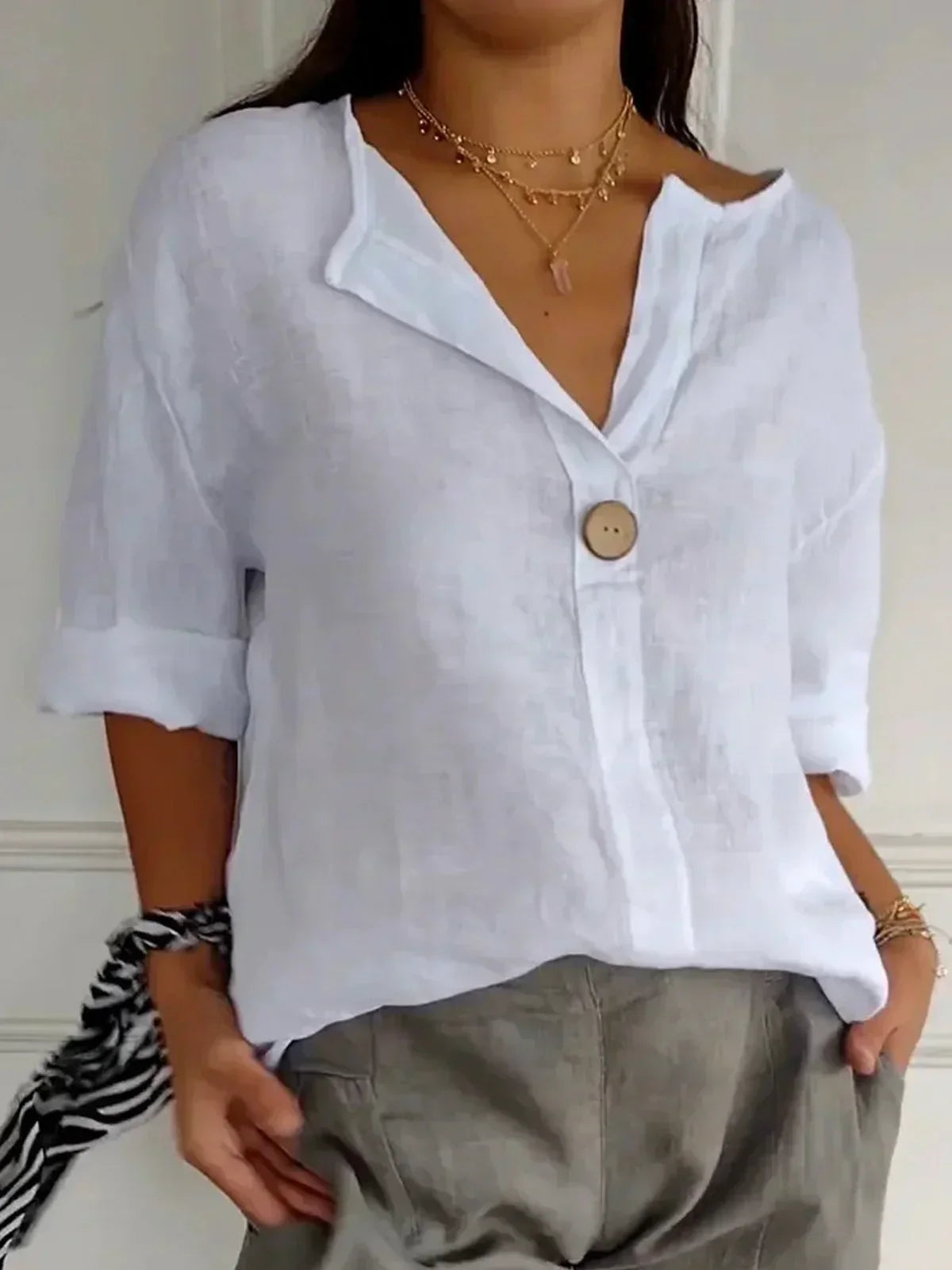Women's Blouse with V-Neck, Single Button and Three-Quarter Roll-Up Sleeves