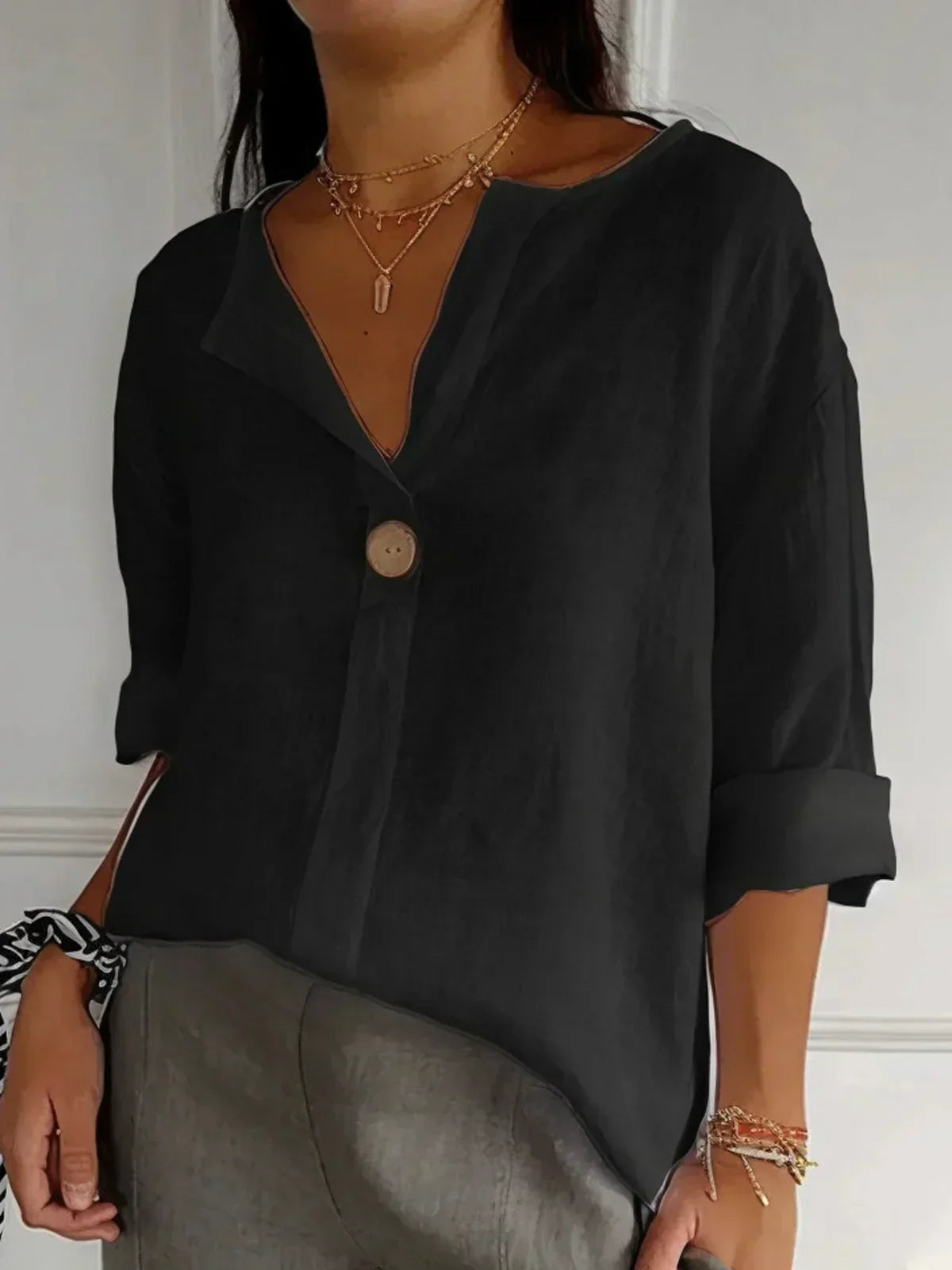 Women's Blouse with V-Neck, Single Button and Three-Quarter Roll-Up Sleeves