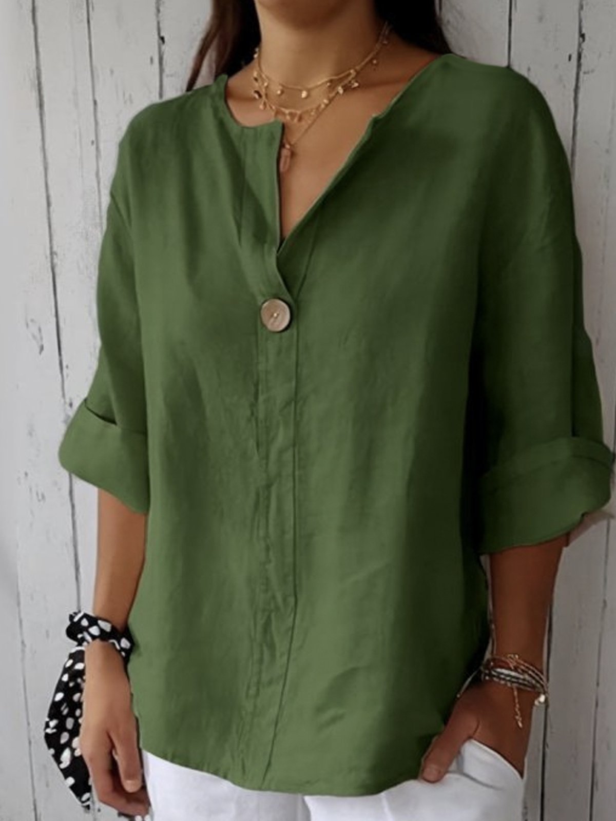 Women's Blouse with V-Neck, Single Button and Three-Quarter Roll-Up Sleeves