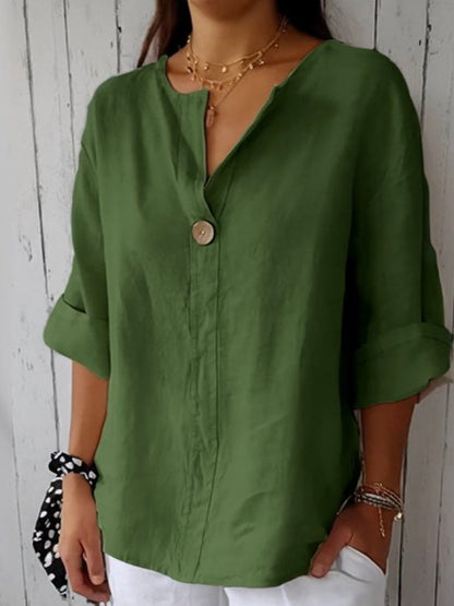 Women's Blouse with V-Neck, Single Button and Three-Quarter Roll-Up Sleeves