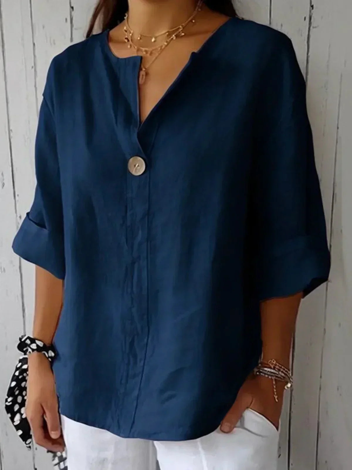 Women's Blouse with V-Neck, Single Button and Three-Quarter Roll-Up Sleeves