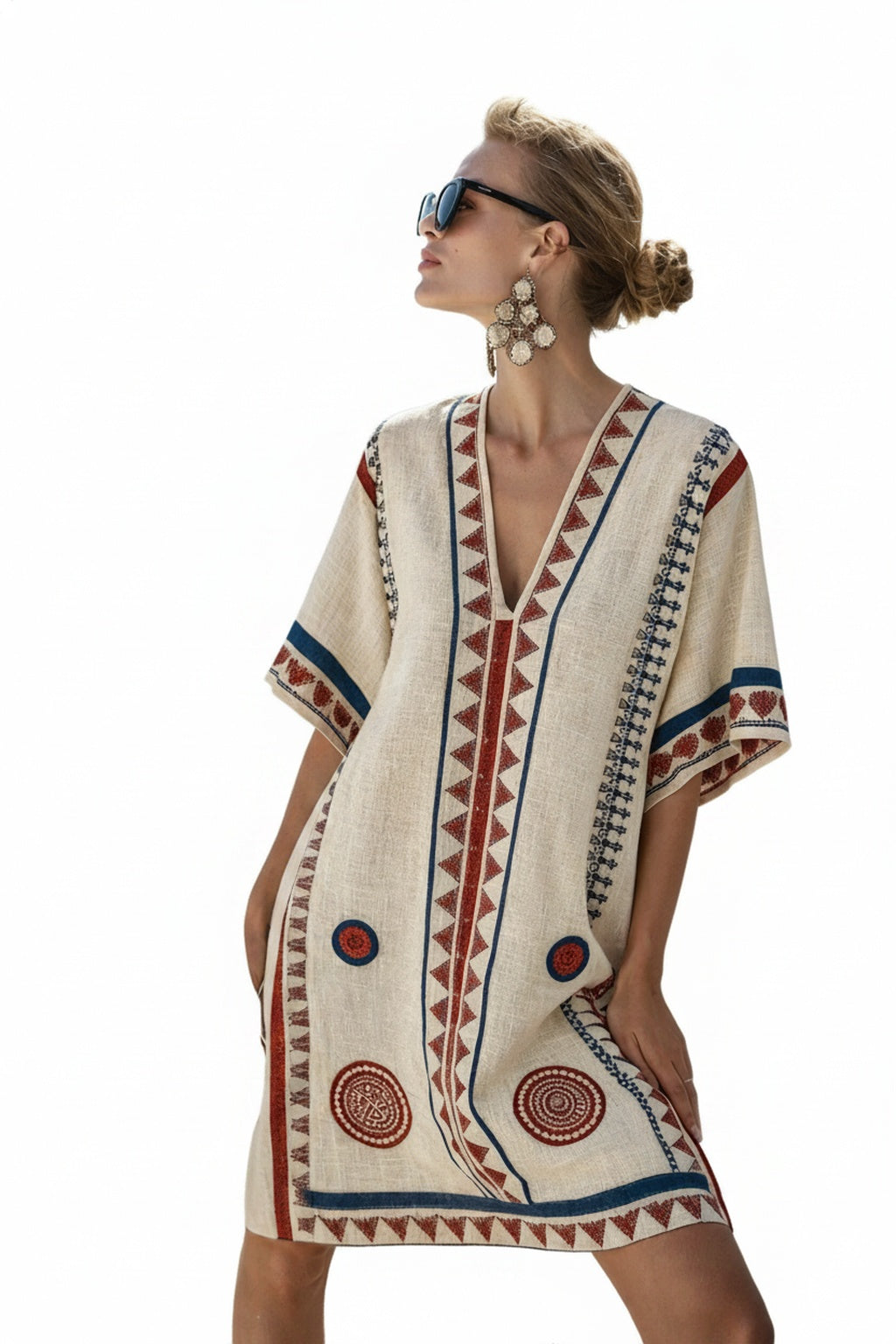 Women's Boho Beach Dress Short Sleeve V-Neck A-Line Midi with Ethnic Print