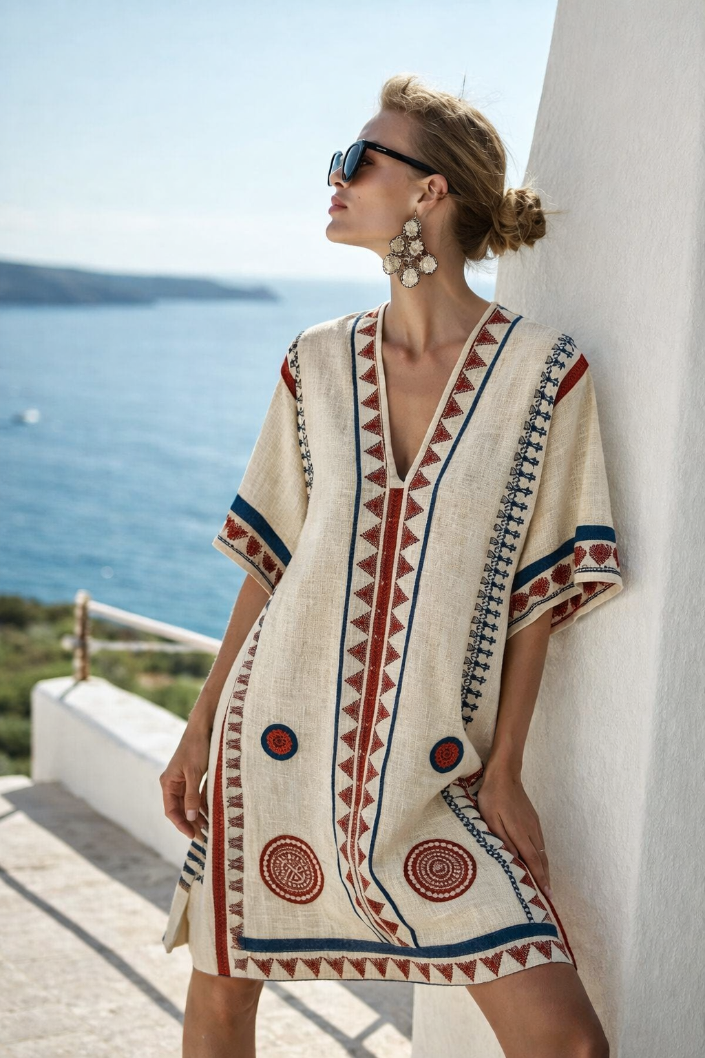 Women's Boho Beach Dress Short Sleeve V-Neck A-Line Midi with Ethnic Print