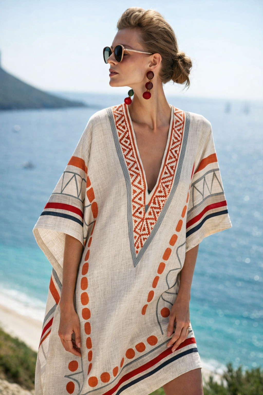 Women's Boho Beach Dress Short Sleeve V-Neck A-Line Midi with Ethnic Print