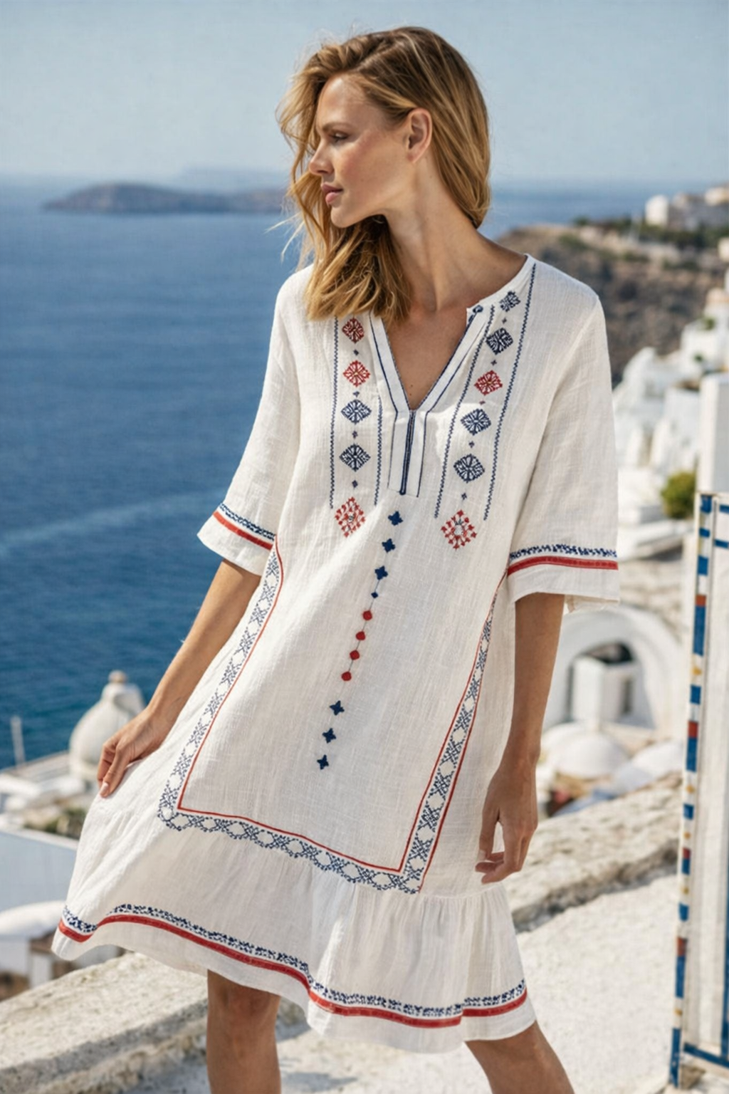 Women's Boho Beach Dress Short Sleeve V-Neck A-Line Midi with Ethnic Print
