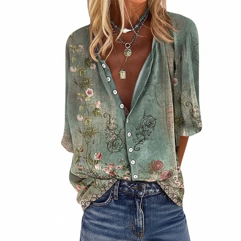 Women's Boho Blouse with V-Neck, Button Front and Three-Quarter Sleeves