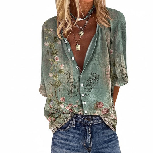 Women's Boho Blouse with V-Neck, Button Front and Three-Quarter Sleeves