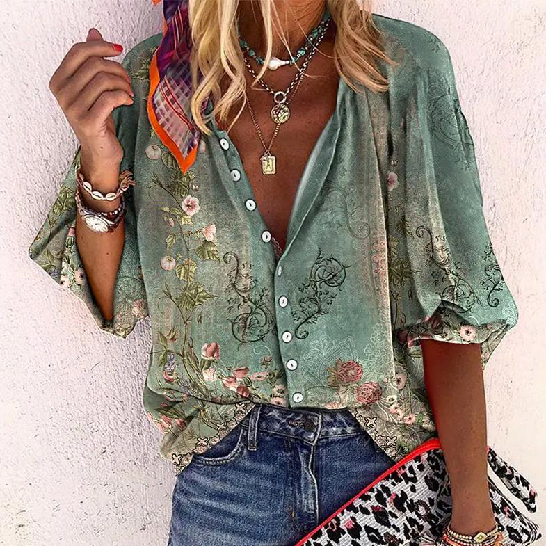 Women's Boho Blouse with V-Neck, Button Front and Three-Quarter Sleeves