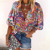 Women's Boho Blouse with V-Neck, Button Front and Three-Quarter Sleeves